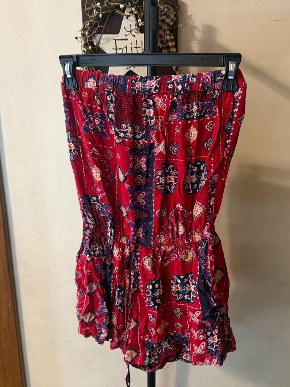 Angie Red Patterned Strapless Romper with Smocked Waist